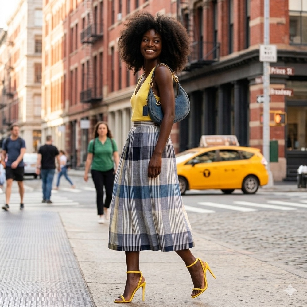 Vintage Blue and Cream Checkered Midi Skirt